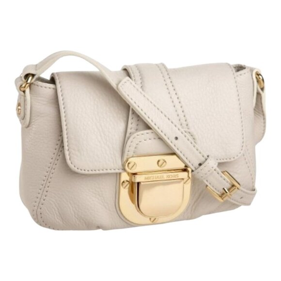 MICHAEL KORS Charlton Leather Mini Crossbody Bag Cream Gold Tone Hardware Preppy - Picture 1 of 12